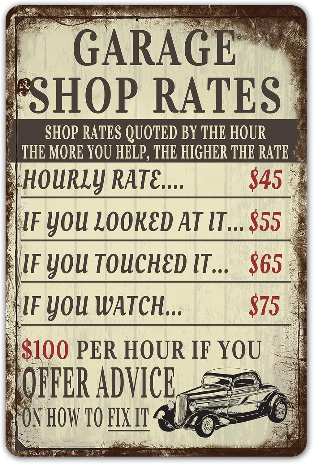 Men Accessories Shop - Vintage Garage Shop Rates Metal Sign