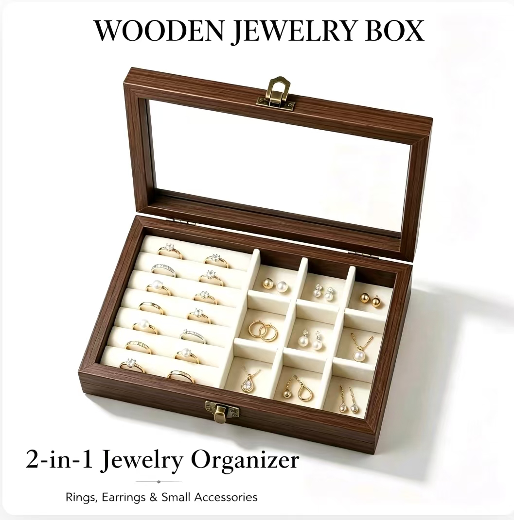 Men'S Accessories Drawer Organizer - Bedroom Desktop Walnut Pattern Velvet Jewelry