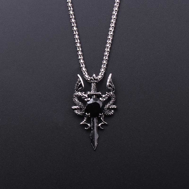 Men'S Accessories And Jewelry - Double Dragon Black Gem Cross Necklace